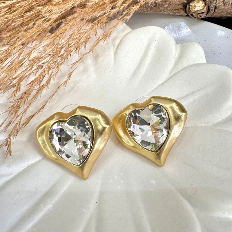 Wave Clear Quartz Heart Gold Earrings