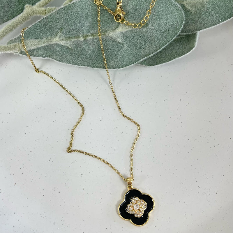 Black Clover With Zirconia Center Necklace