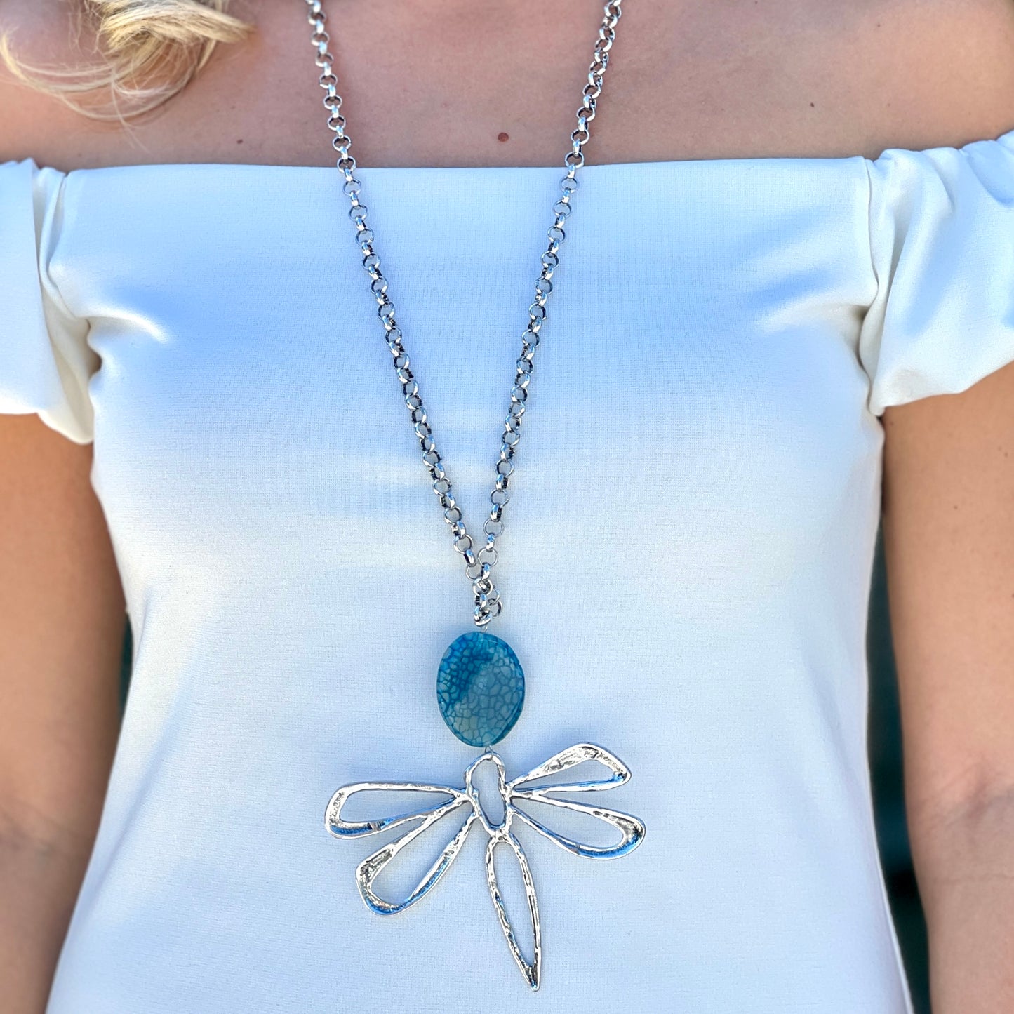 Dragonfly With Blue Stone Silver Necklace