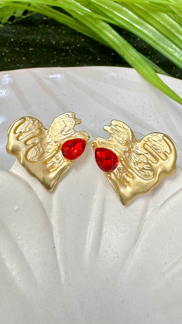 Red Quartz Heart Gold Earrings