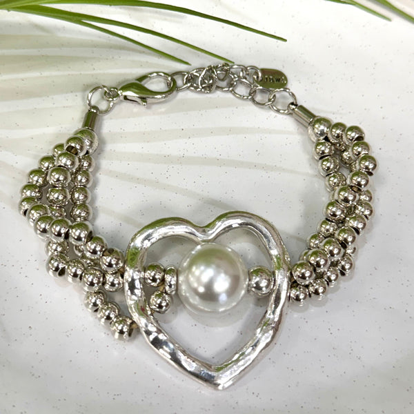 Open Heart With Pearl Silver Bracelet