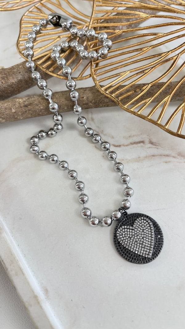 Silver And Black Heart Necklace