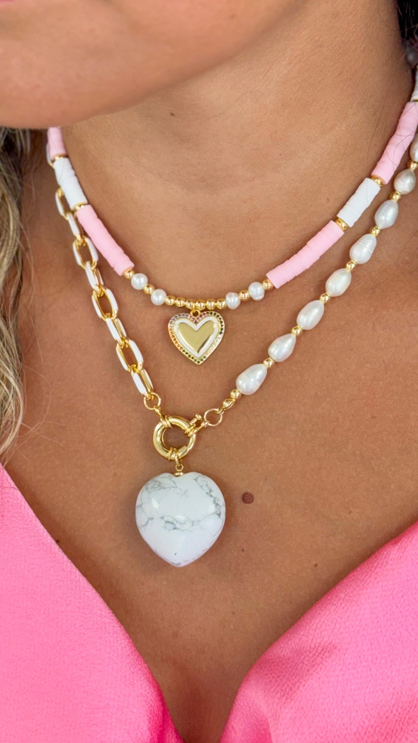 Multicolor Heart With Pearls Pink Necklace