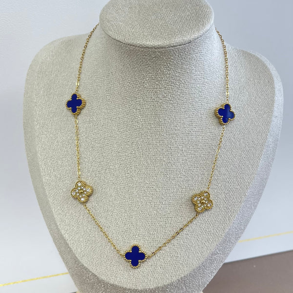 Blue And Zirconia Clover Gold Necklace