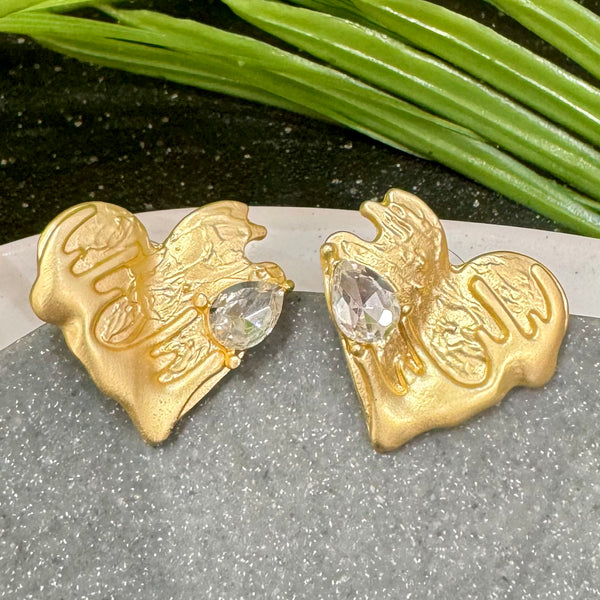 Clear Quartz Heart Gold Earrings