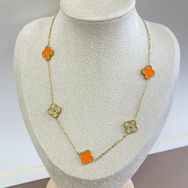 Orange And Zirconia Clover Gold Necklace
