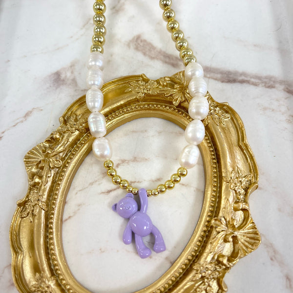 Pearls and Gold Necklace With Purple Teddy