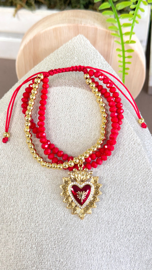 Three Layers Red And Gold With Heart Bracelet