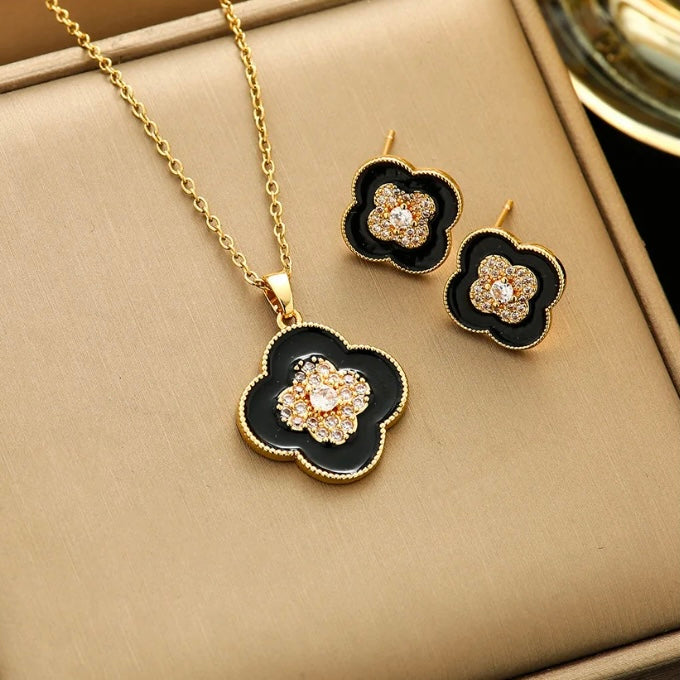 Black Clover With Zirconia Center Necklace