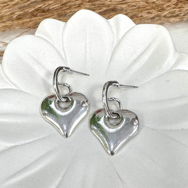 Heart Pendant Hoop Silver Earrings