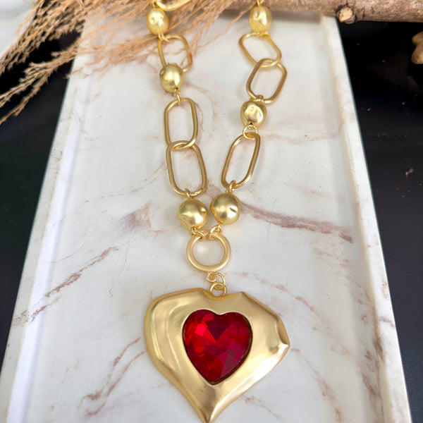 Wave Red Quartz Heart Gold Necklace