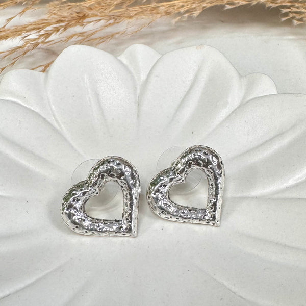 Open Hammered Heart Silver Earrings