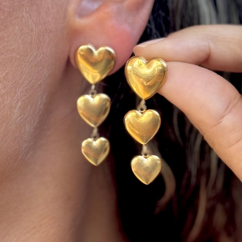 Triple Heart Gold Earrings