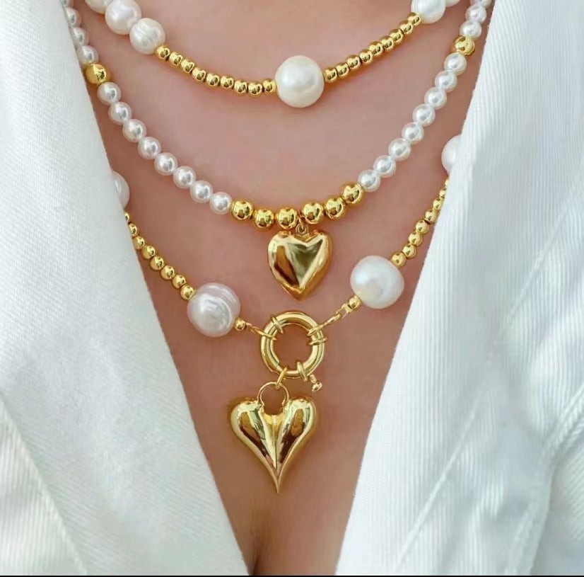 Pearls and Gold Globe Necklace With Bubble Heart