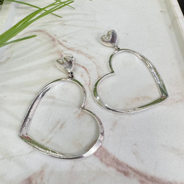 Big Thin Open Heart Silver Earrings