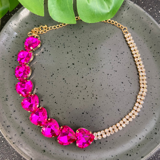 Half Heart Fuchsia and Quartz Gold Necklace