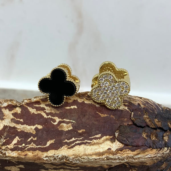 2 sides Black Zirconia Clover Gold Earrings