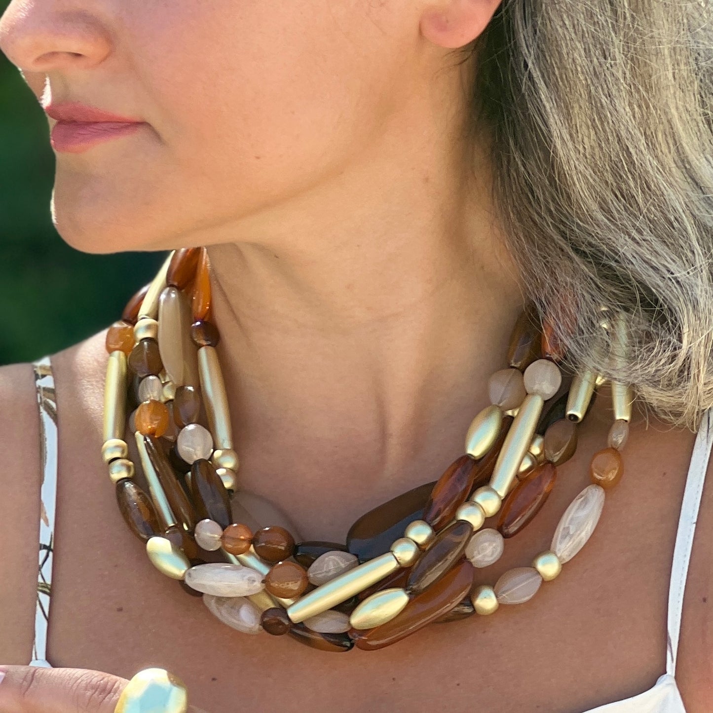 6 Layers Brown Almond Gold Necklace