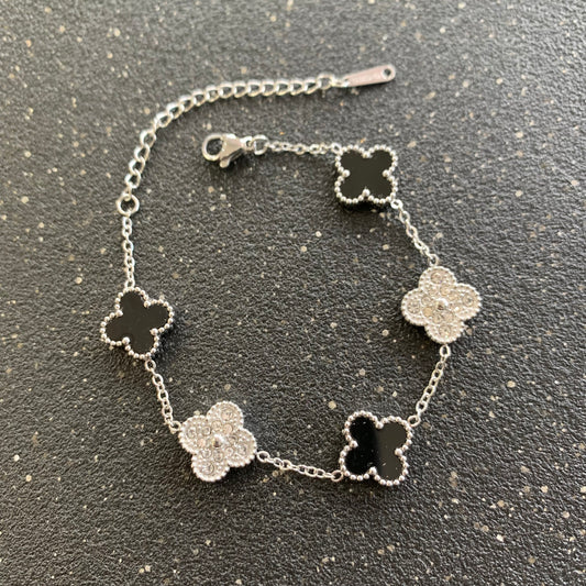 Black and Zirconia Clover Silver Bracelet