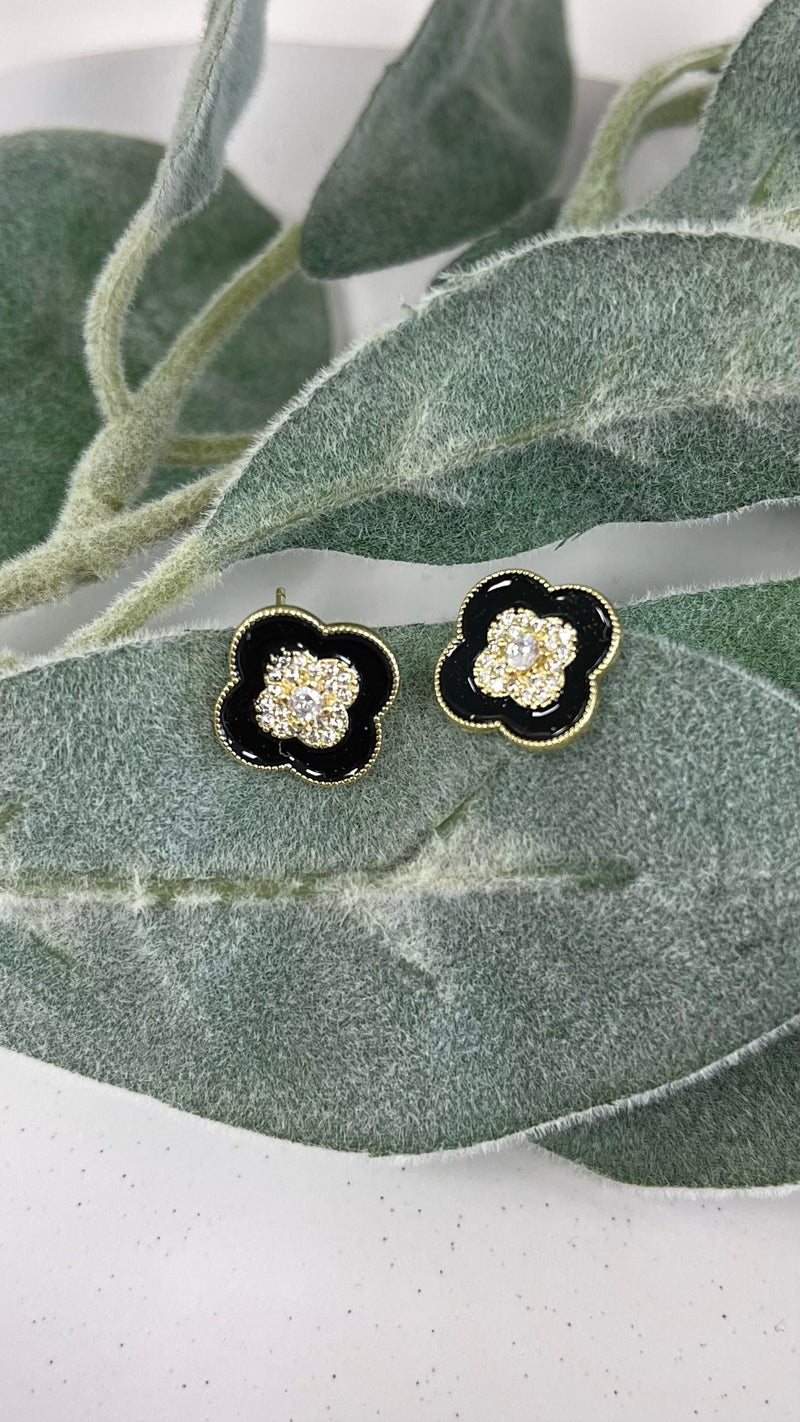 Black Clover With Zirconia Center Earrings