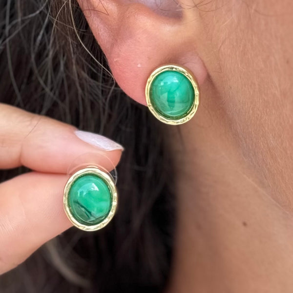 Green Studs Gold Earrings