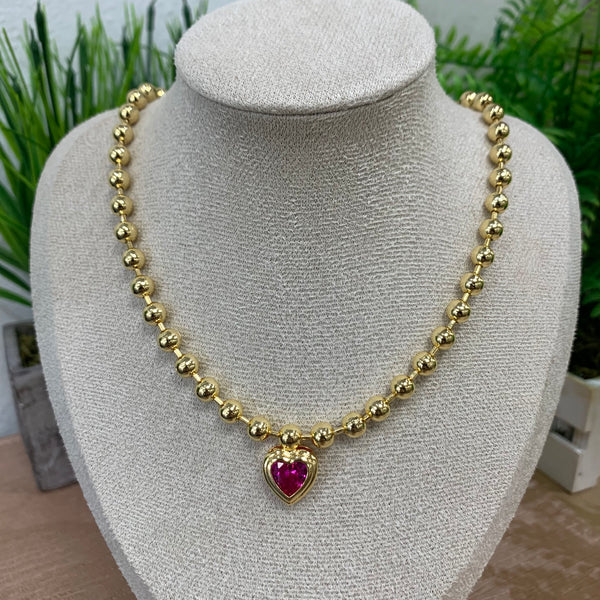 Snowball Necklace With Fuschia Heart
