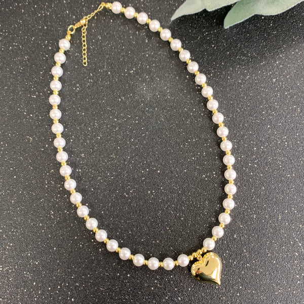 Small Globe Heart Gold Pearl Necklace