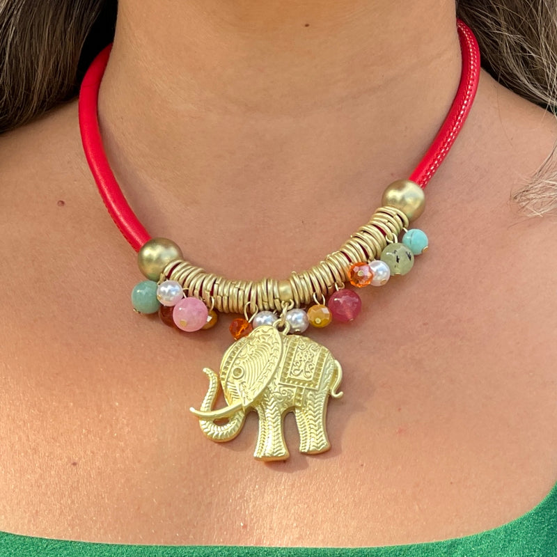 Red Cord Gold Elephant Necklace