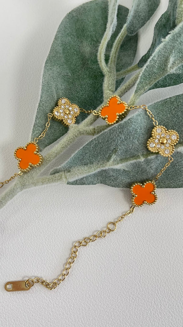 Orange And Zirconia Clover Gold Bracelet