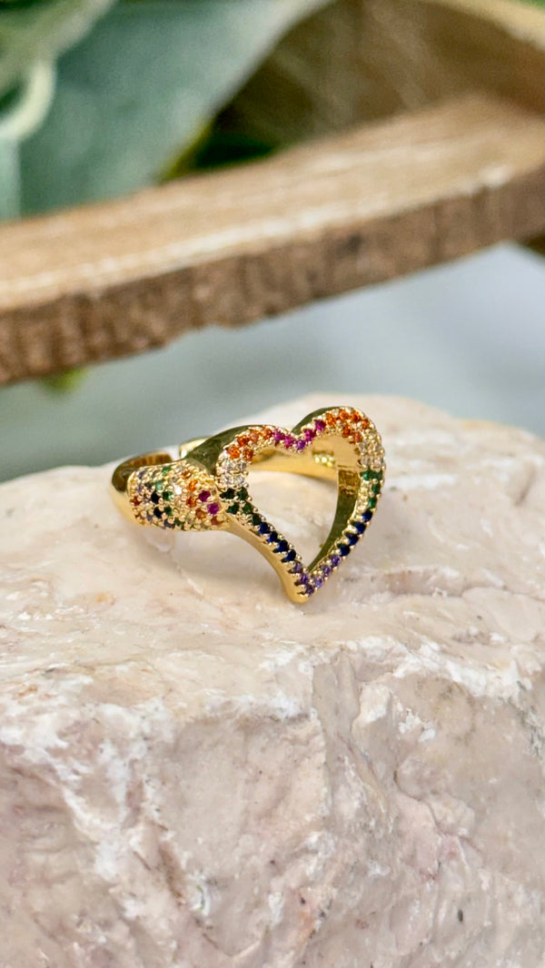 Open Heart With Multicolors Quartz Gold Ring