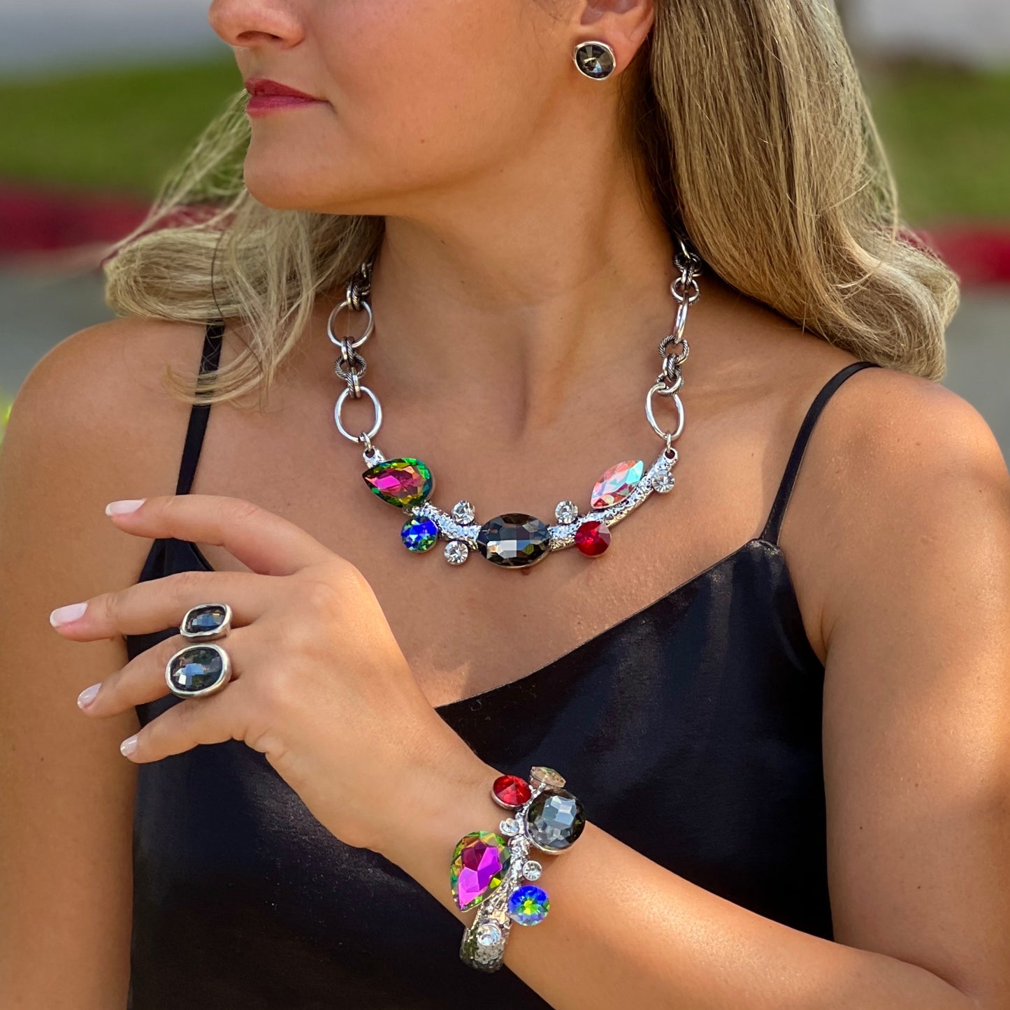 Multicolors Stones Black Silver Bracelets