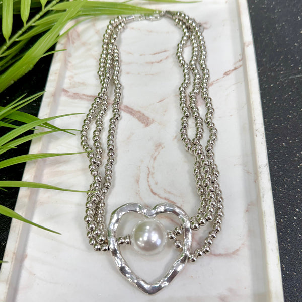 Open Heart With Pearl Silver Necklace