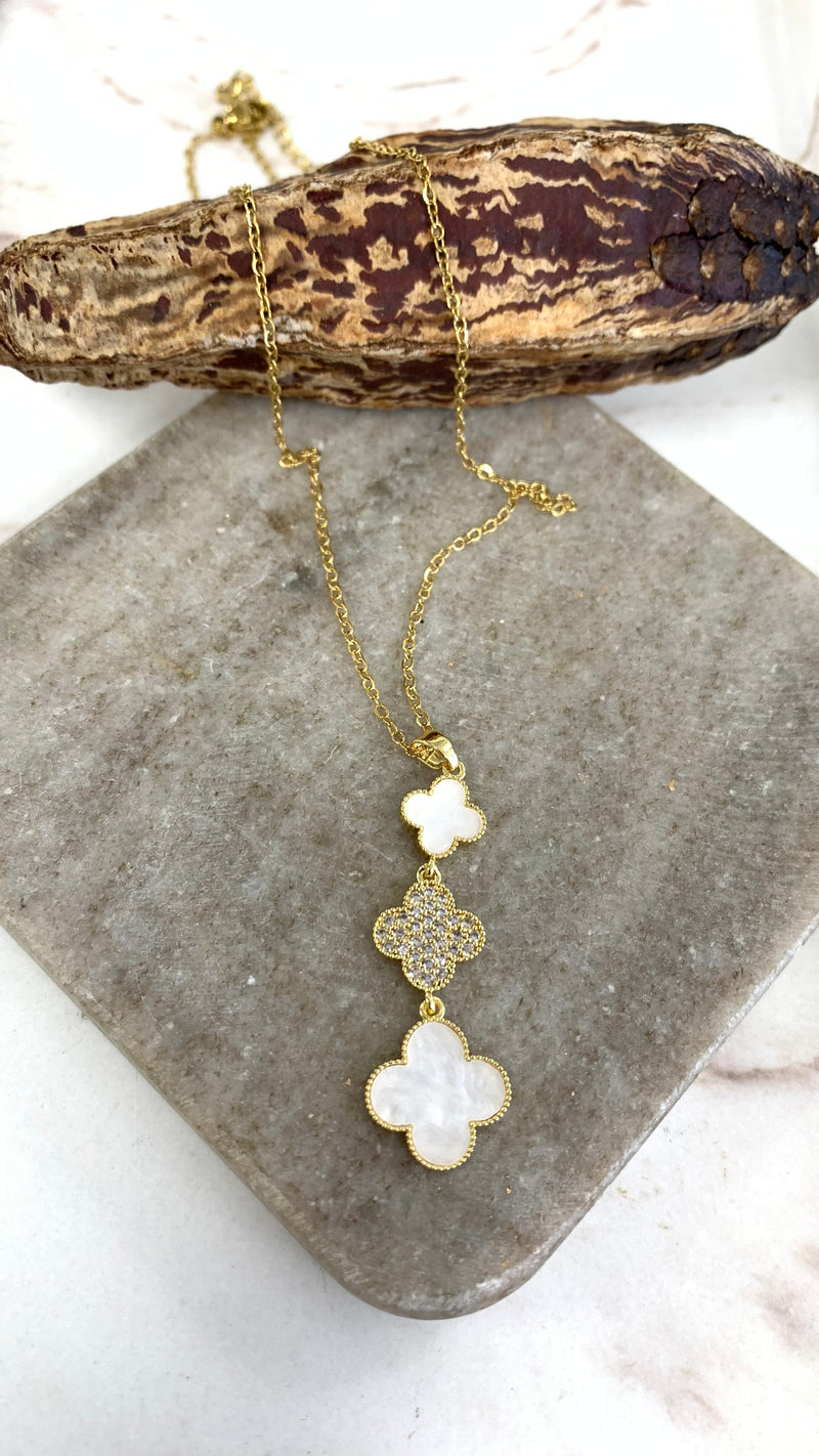 White 3 Clover Zirconia Gold  Necklace