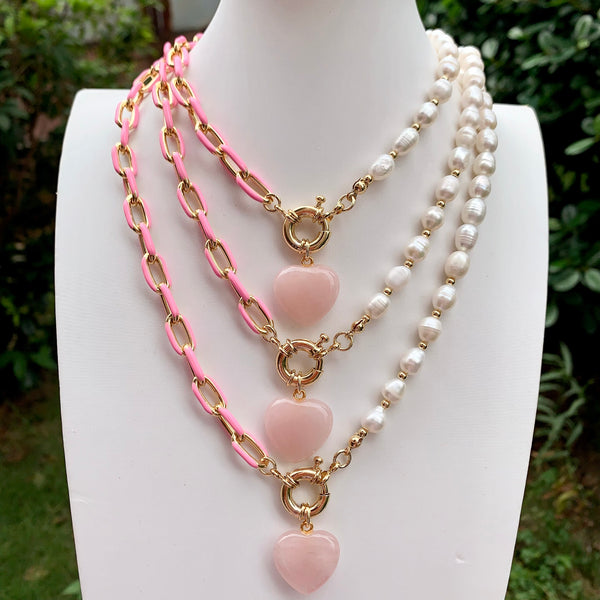 Half Pink Chain And Pearl Necklace With Pink Quartz Heart