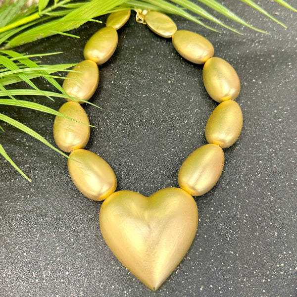 Big Bold Heart Oval Beads Gold Necklace