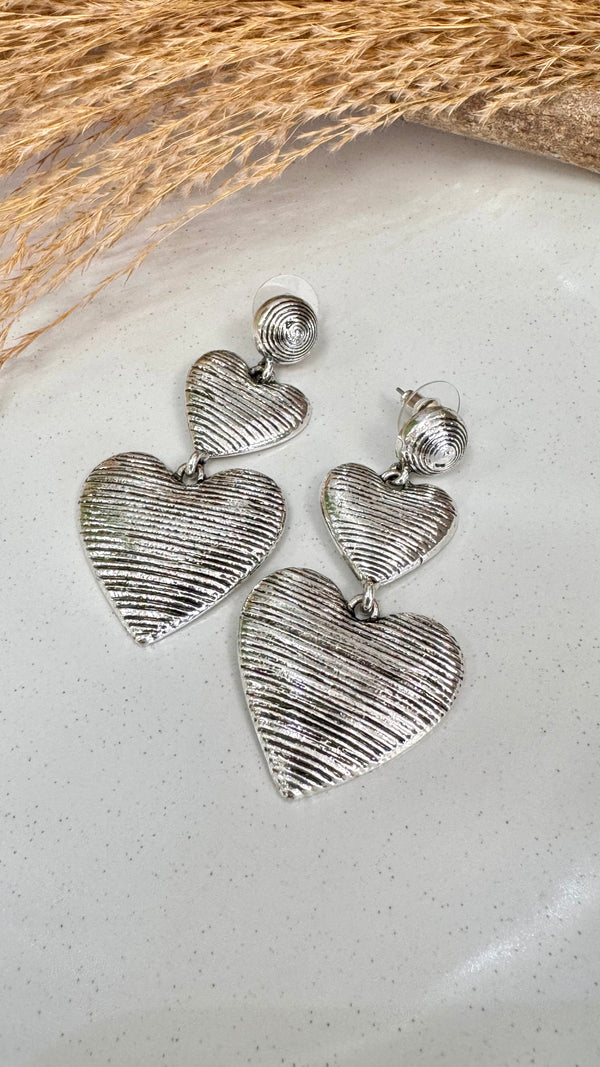 Striped Heart Silver Earrings