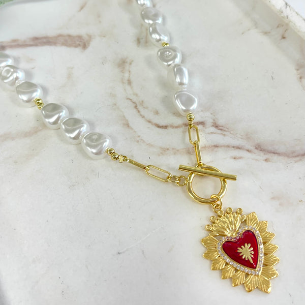 Red Heart With Pearls Necklace