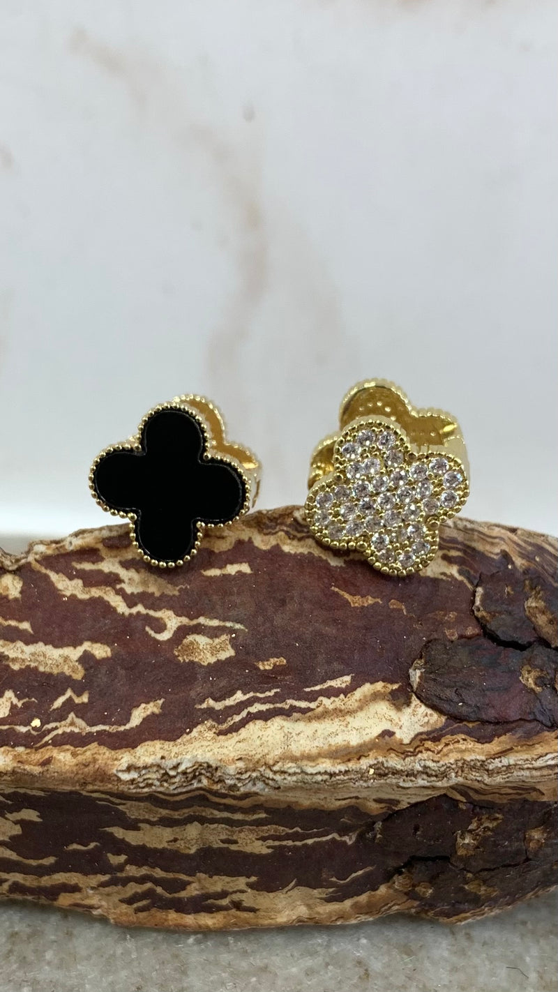 2 sides Black Zirconia Clover Gold Earrings