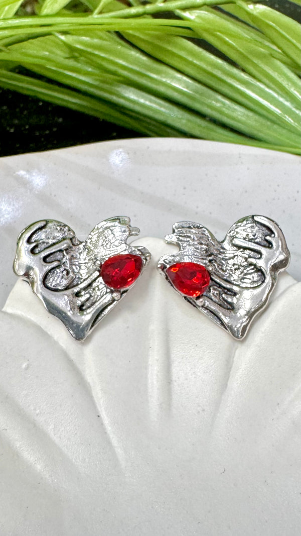 Red Quartz Heart Silver Earrings