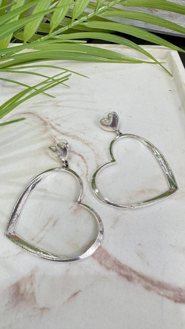 Big Thin Open Heart Silver Earrings