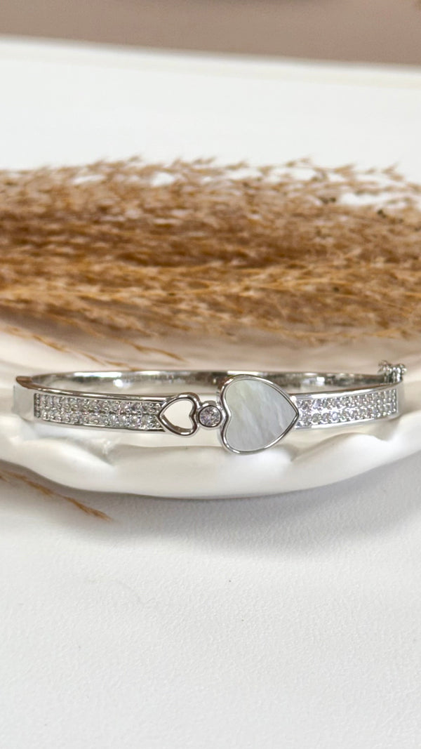 Silver Bangle With Open And White Heart