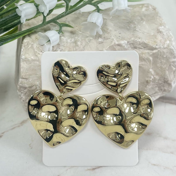 Hammered Hearts Gold Earrings