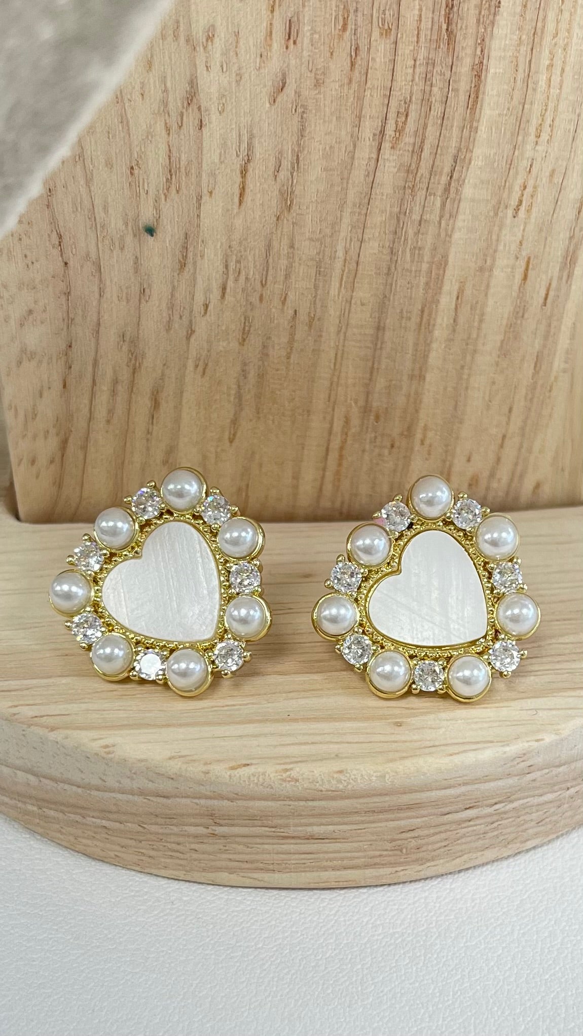 White Heart With Pearls and Quartz Earrings