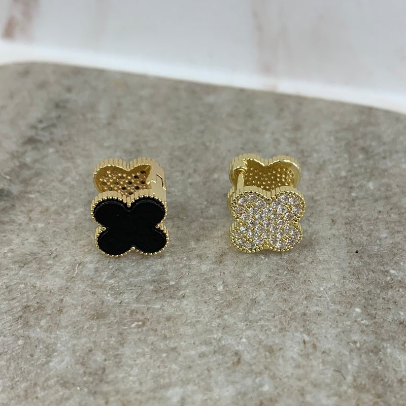 2 sides Black Zirconia Clover Gold Earrings