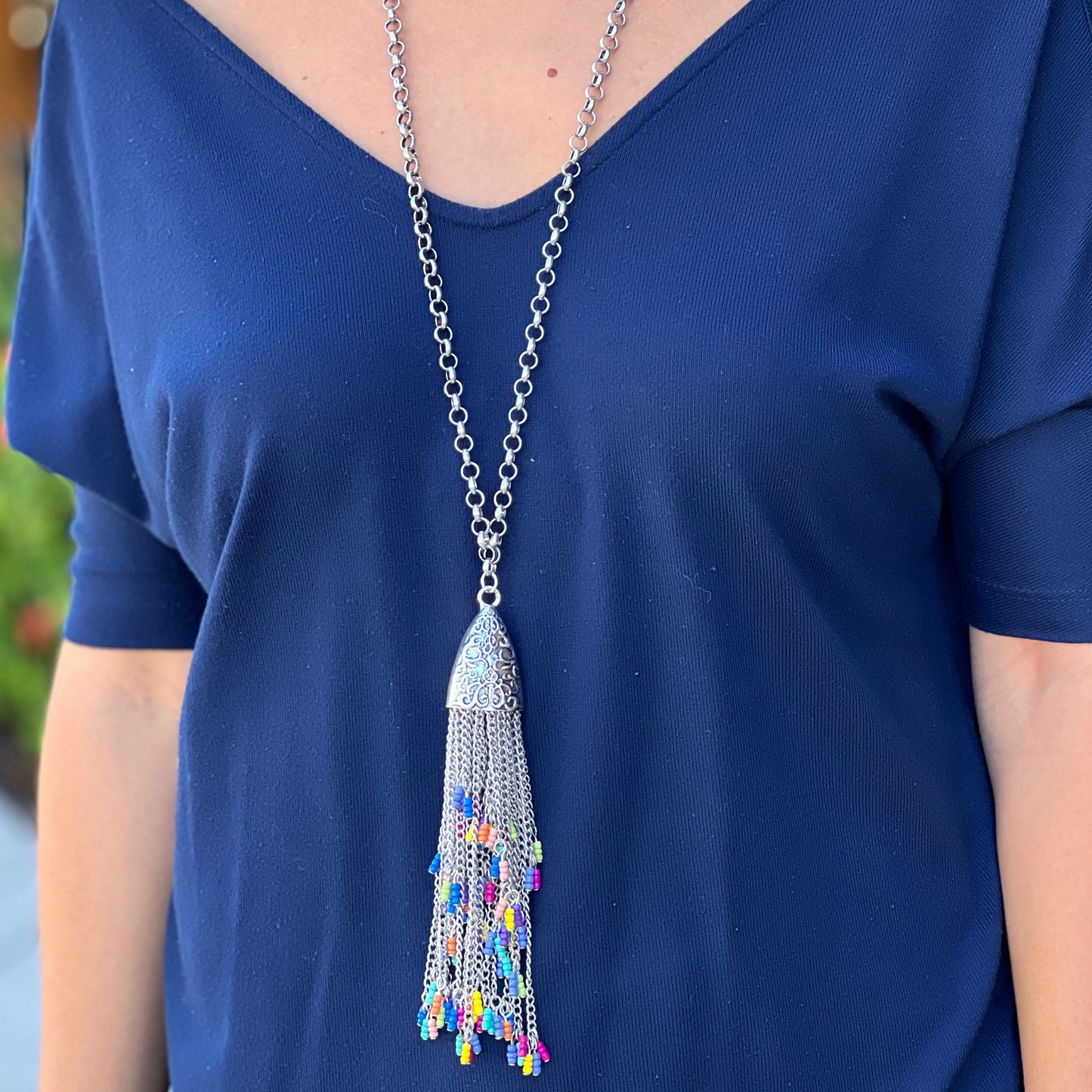 Silver Mix Colors Tassel Necklace