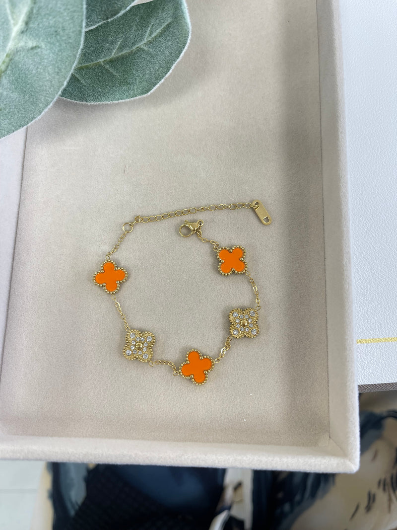 Orange And Zirconia Clover Gold Bracelet