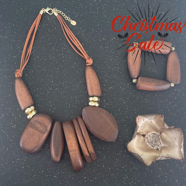 Set of 2 Pieces Brown Wood Necklace and Bracelet