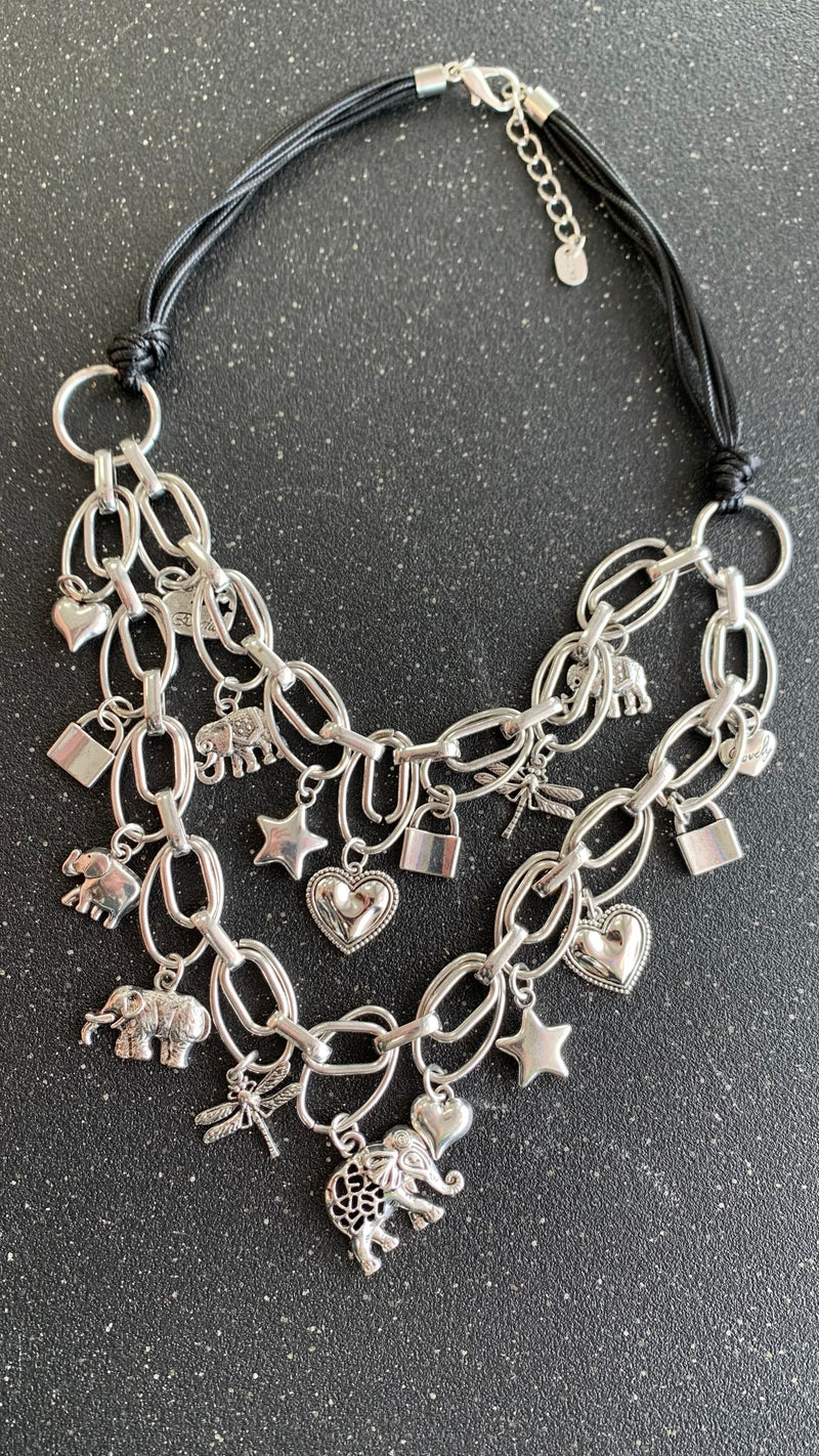 Two Layers Cord Charms Silver Necklace