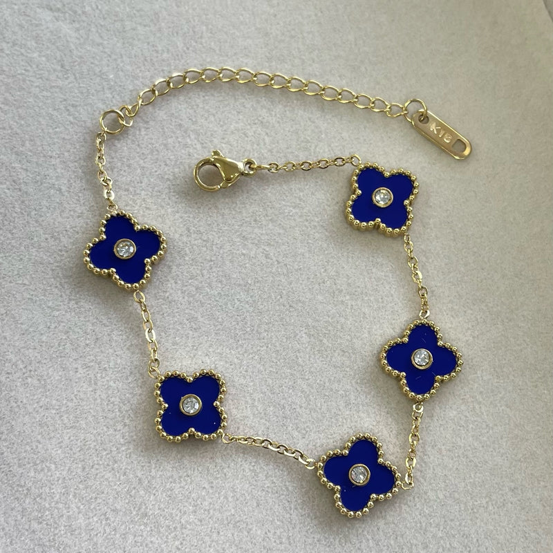 Blue Clover With Stone Center Bracelet