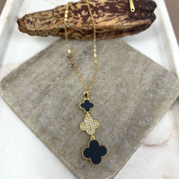 Black 3 Clover Zirconia Gold  Necklace